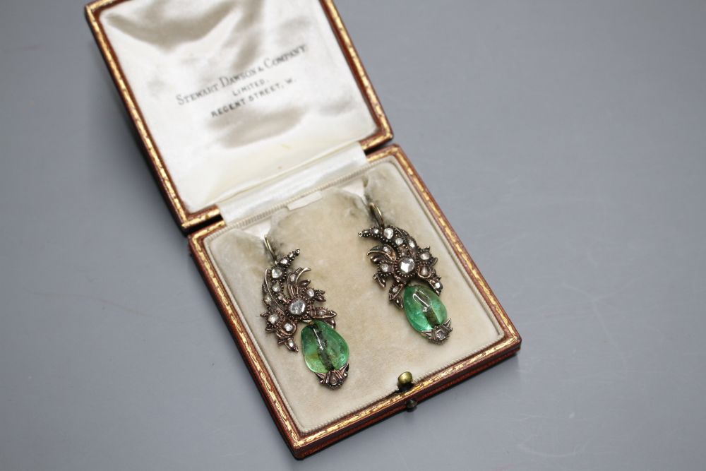 A pair of antique yellow metal, emerald and rose cut diamond set foliate earrings, with GCS certificate dated 14/02/20.